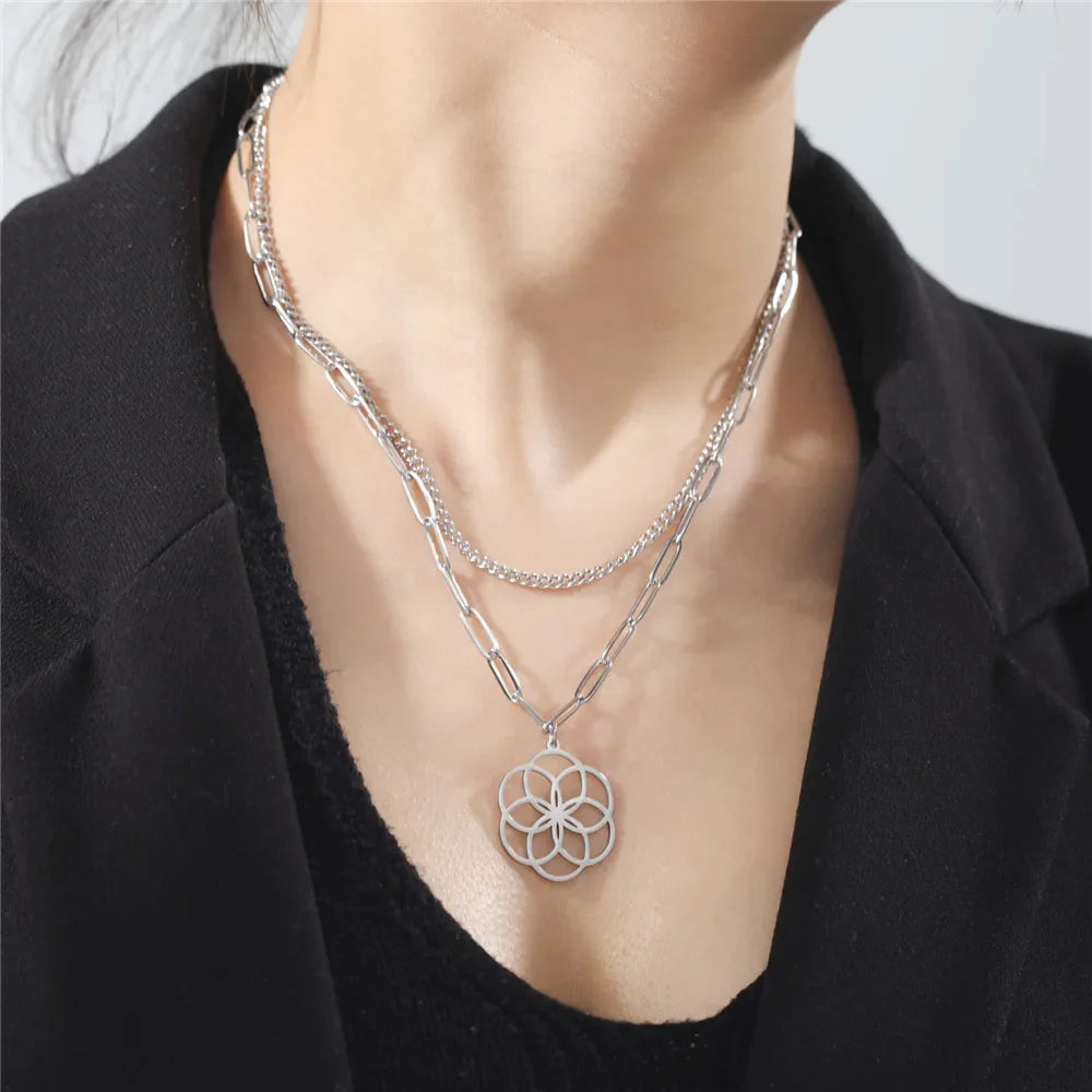 Flower of Life Pendant Paper Clip Curb Layered Necklaces - Dagger & Diamond