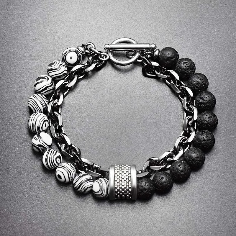 Stone & Steel Bracelets for Men - Dagger & Diamond Zebra Lava