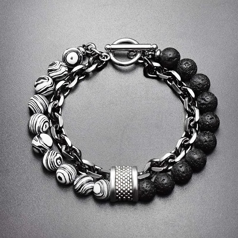 Stone & Steel Bracelets for Men - Dagger & Diamond Zebra Lava