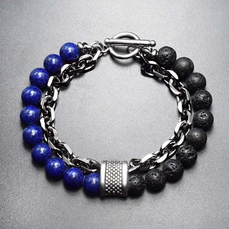 Stone & Steel Bracelets for Men - Dagger & Diamond Lapis Lava