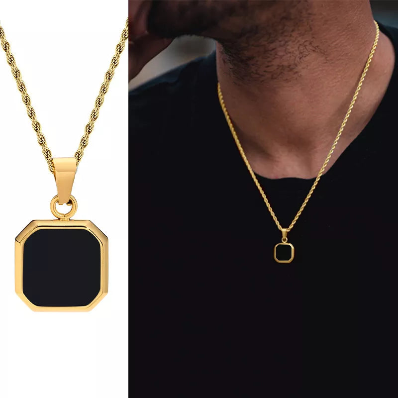 Geometric Square Pendant Necklaces for Men - Dagger & Diamond Black Rope Gold / 45cm 18inch