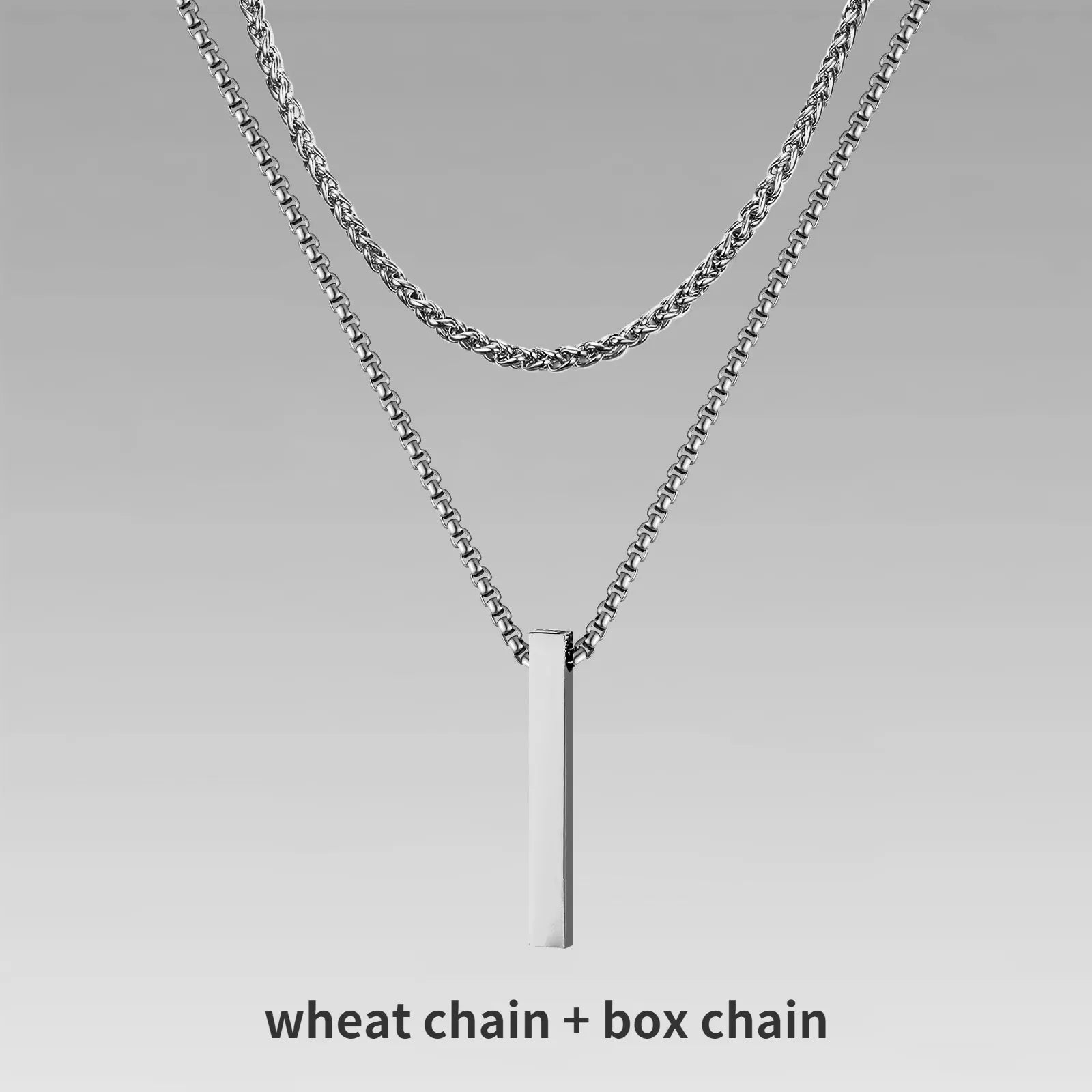 Vertical Bar Pendant Double Chain Necklaces for Men - Dagger & Diamond Silver Wheat + Box Chain