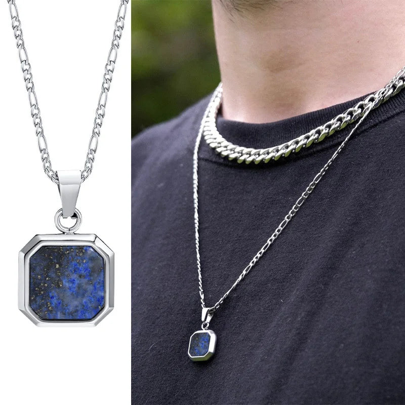 Geometric Square Pendant Necklaces for Men - Dagger & Diamond Blue Figaro Silver / 45cm 18inch