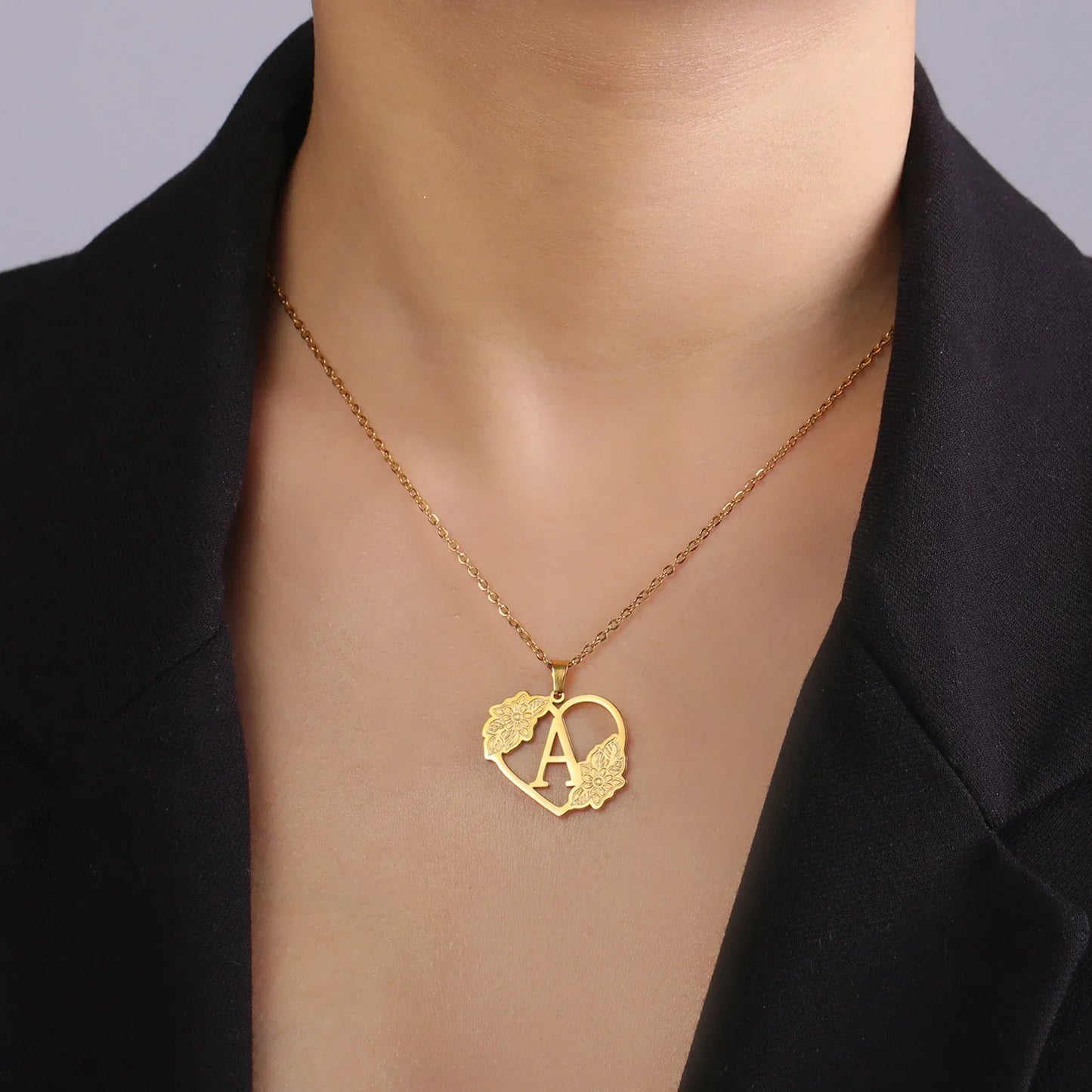 Dainty Heart Flower Initial Pendant Necklace