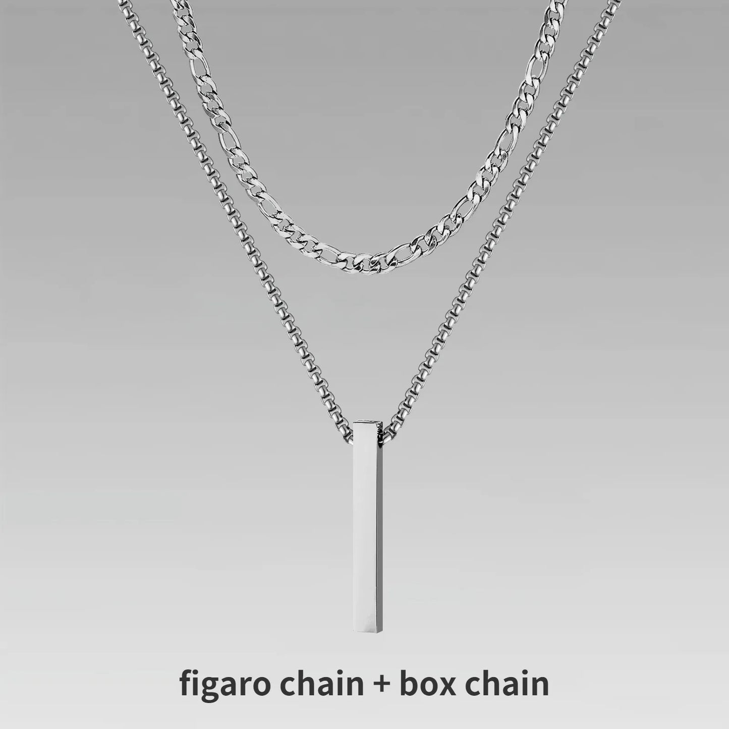 Vertical Bar Pendant Double Chain Necklaces for Men - Dagger & Diamond Silver Figaro + Box Chain