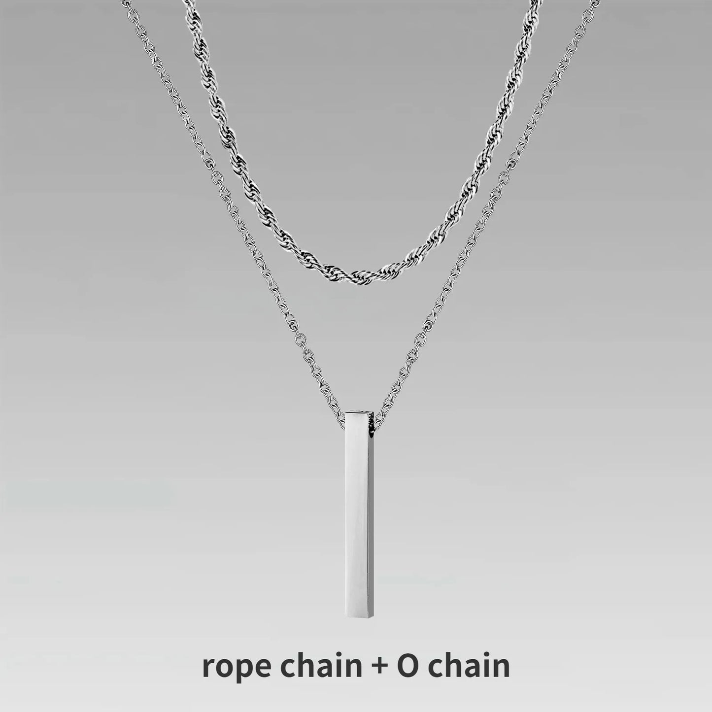 Vertical Bar Pendant Double Chain Necklaces for Men - Dagger & Diamond Silver Rope + O Chain