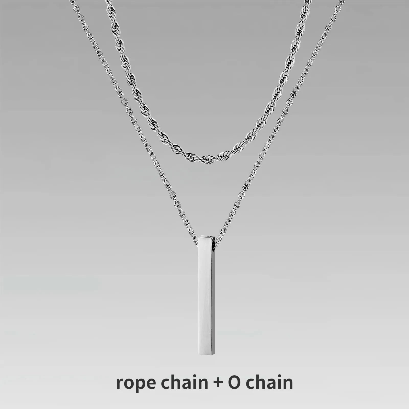 Vertical Bar Pendant Double Chain Necklaces for Men - Dagger & Diamond Silver Rope + O Chain