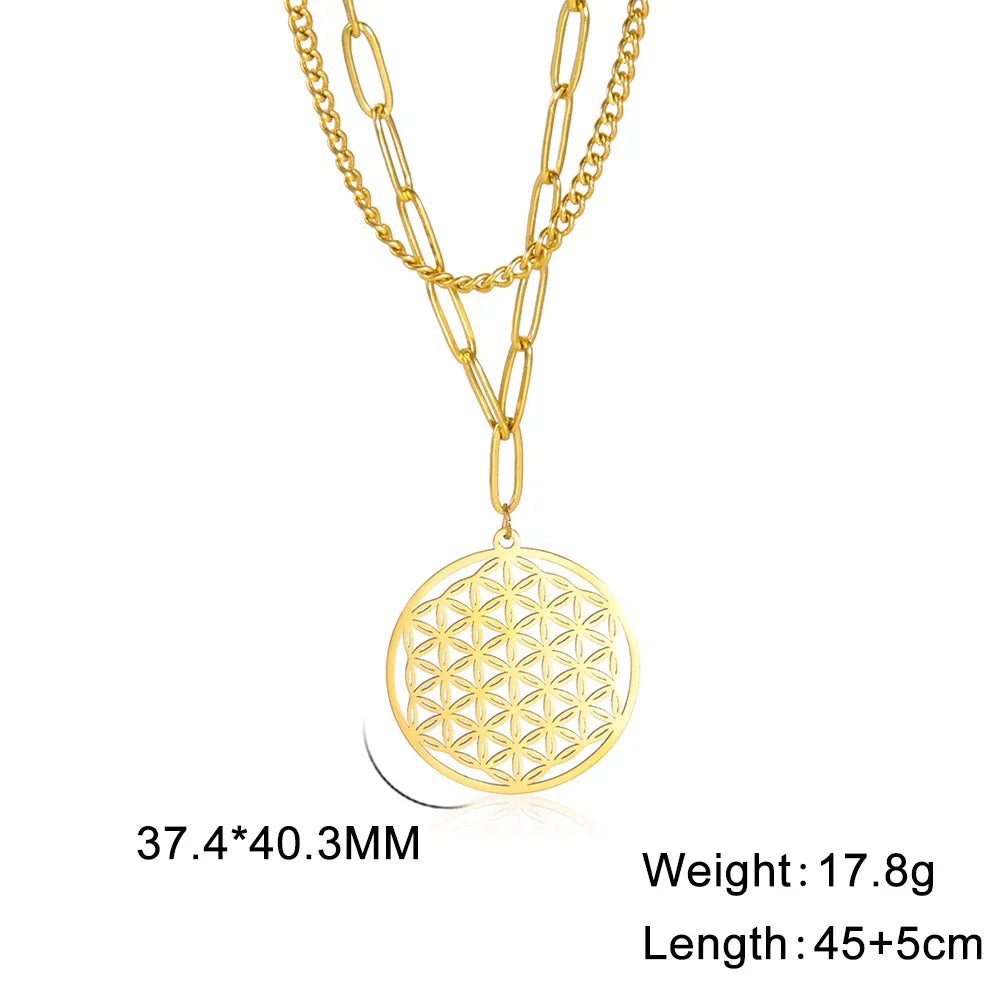 Flower of Life Pendant Paper Clip Curb Layered Necklaces - Dagger & Diamond Gold 2 / 45-50 cm