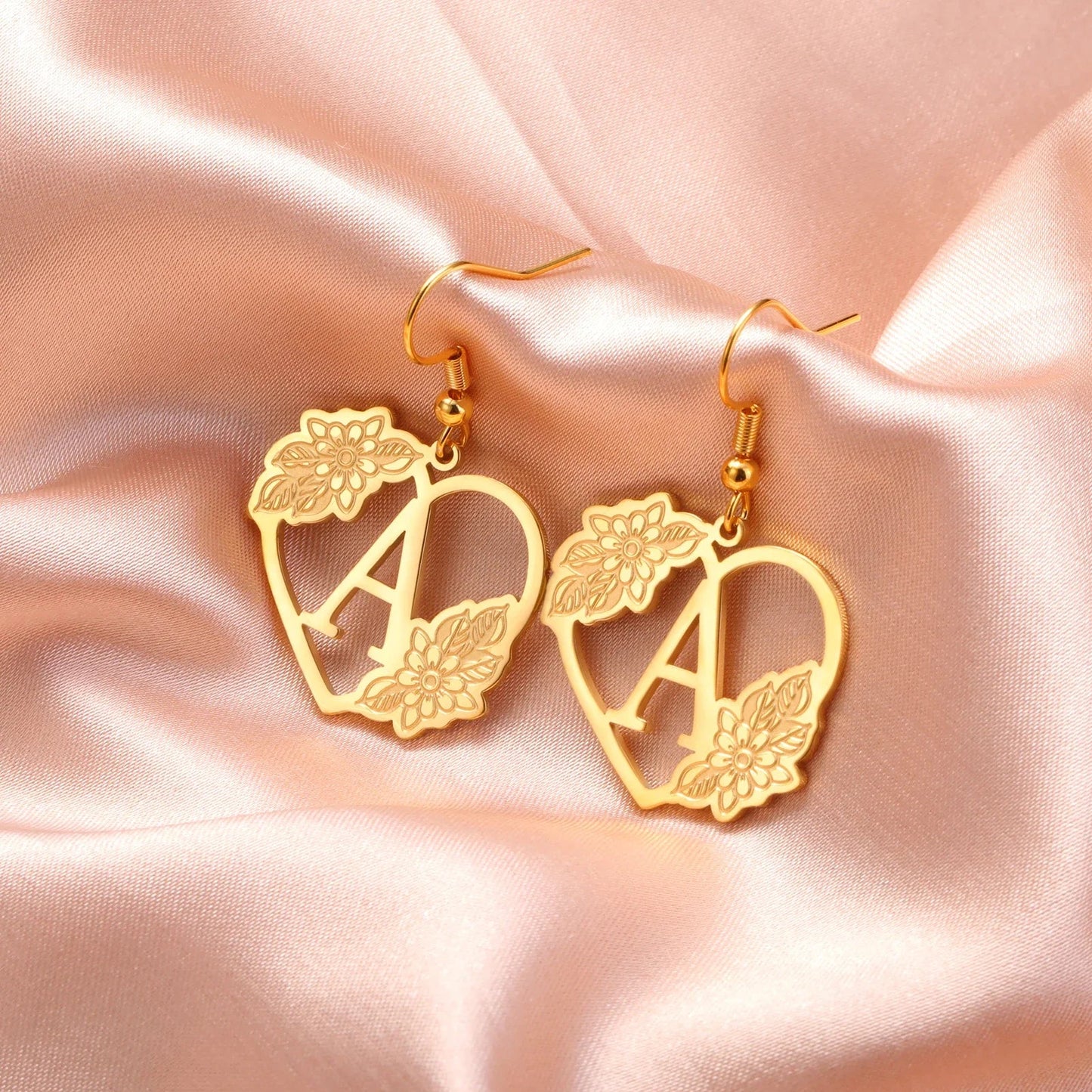 Dainty Heart Flower Initial Drop Earrings