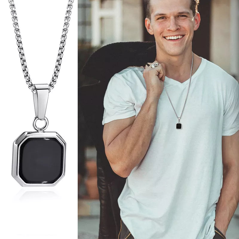 Geometric Square Pendant Necklaces for Men - Dagger & Diamond Black Box Silver / 45cm 18inch