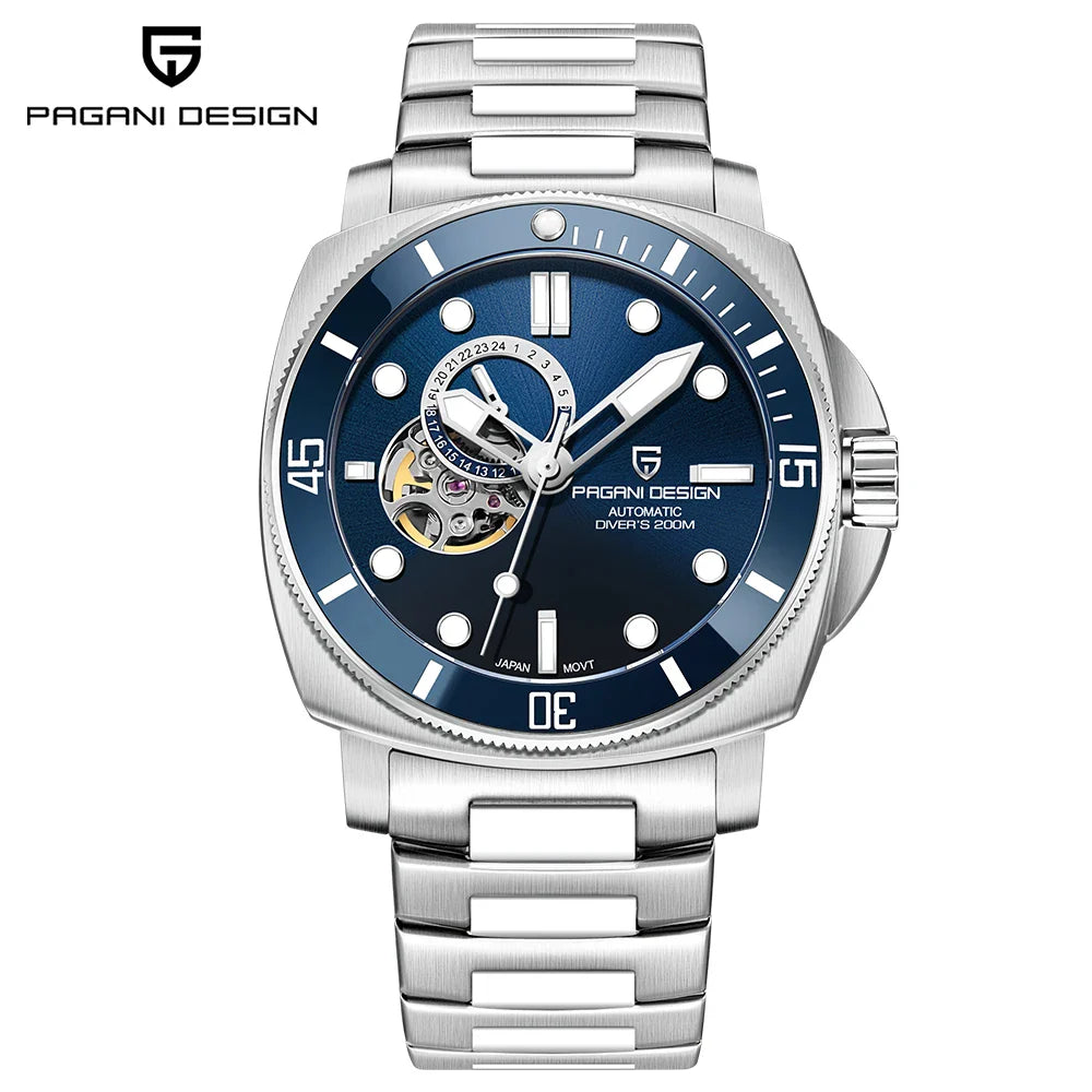 PAGANI DESIGN PD-1736 43MM Ceramic Bezel Mens Automatic Watch - Dagger & Diamond Steel Blue