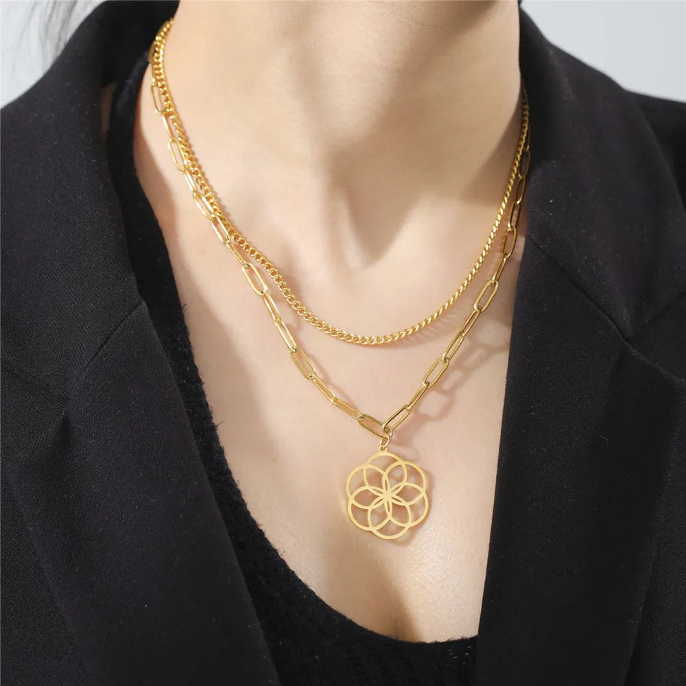 Flower of Life Pendant Paper Clip Curb Layered Necklaces - Dagger & Diamond