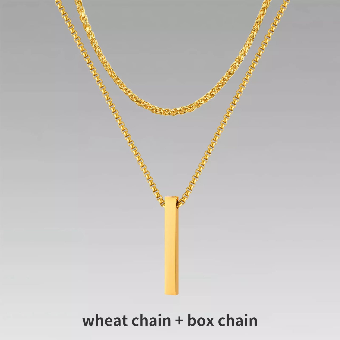 Vertical Bar Pendant Double Chain Necklaces for Men - Dagger & Diamond Gold Wheat + Box Chain