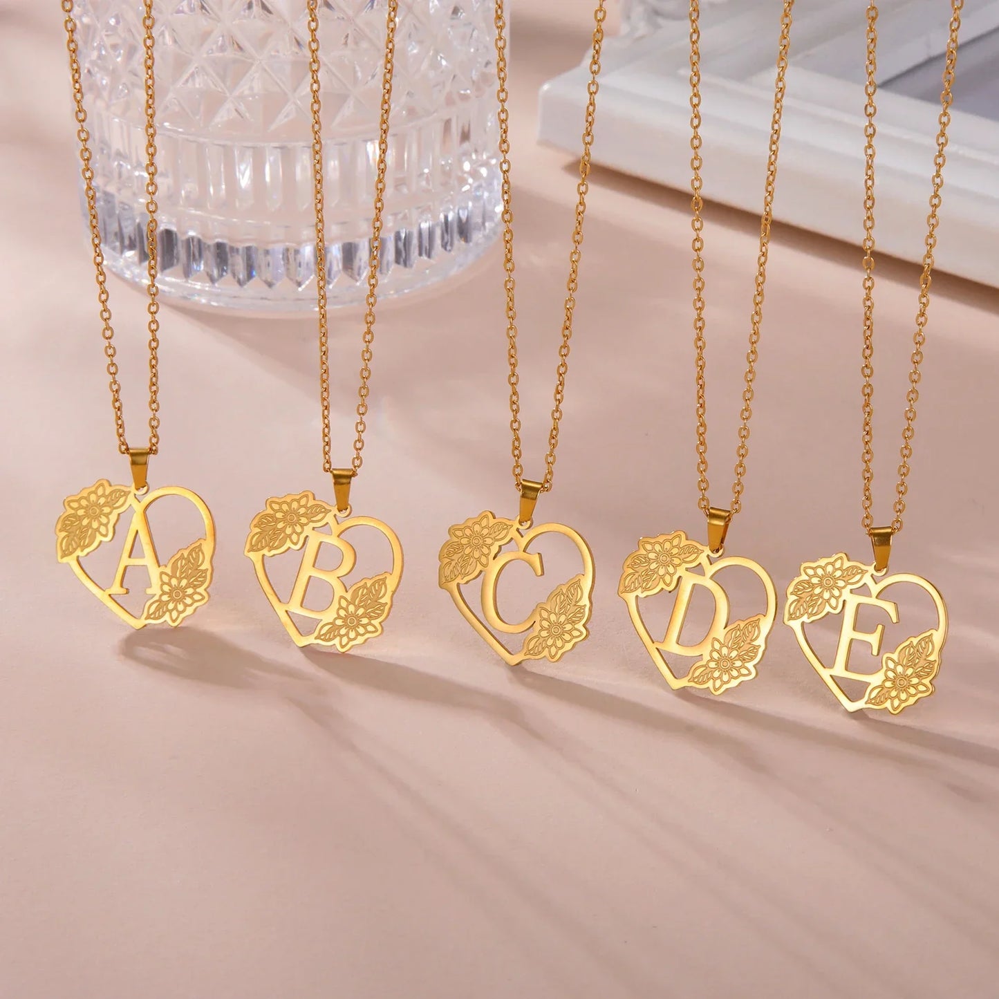 Dainty Heart Flower Initial Pendant Necklace