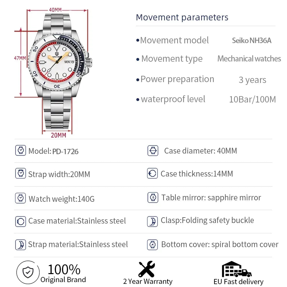 PAGANI DESIGN PD-1726 Week Day Diver Sport Automatic Watch for Men - Dagger & Diamond