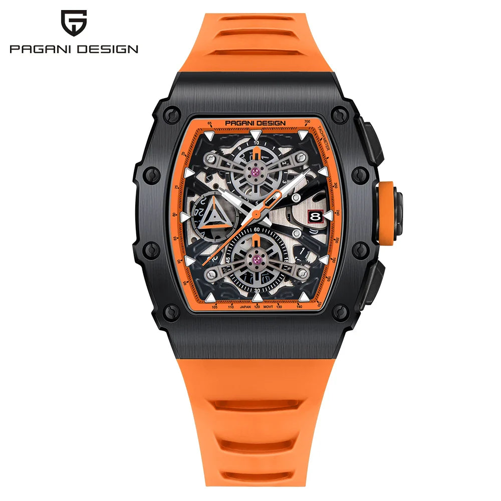 PAGANI DESIGN PD-YS011 Tonneau Luxury Quartz Watch for Men - Dagger & Diamond Black Orange